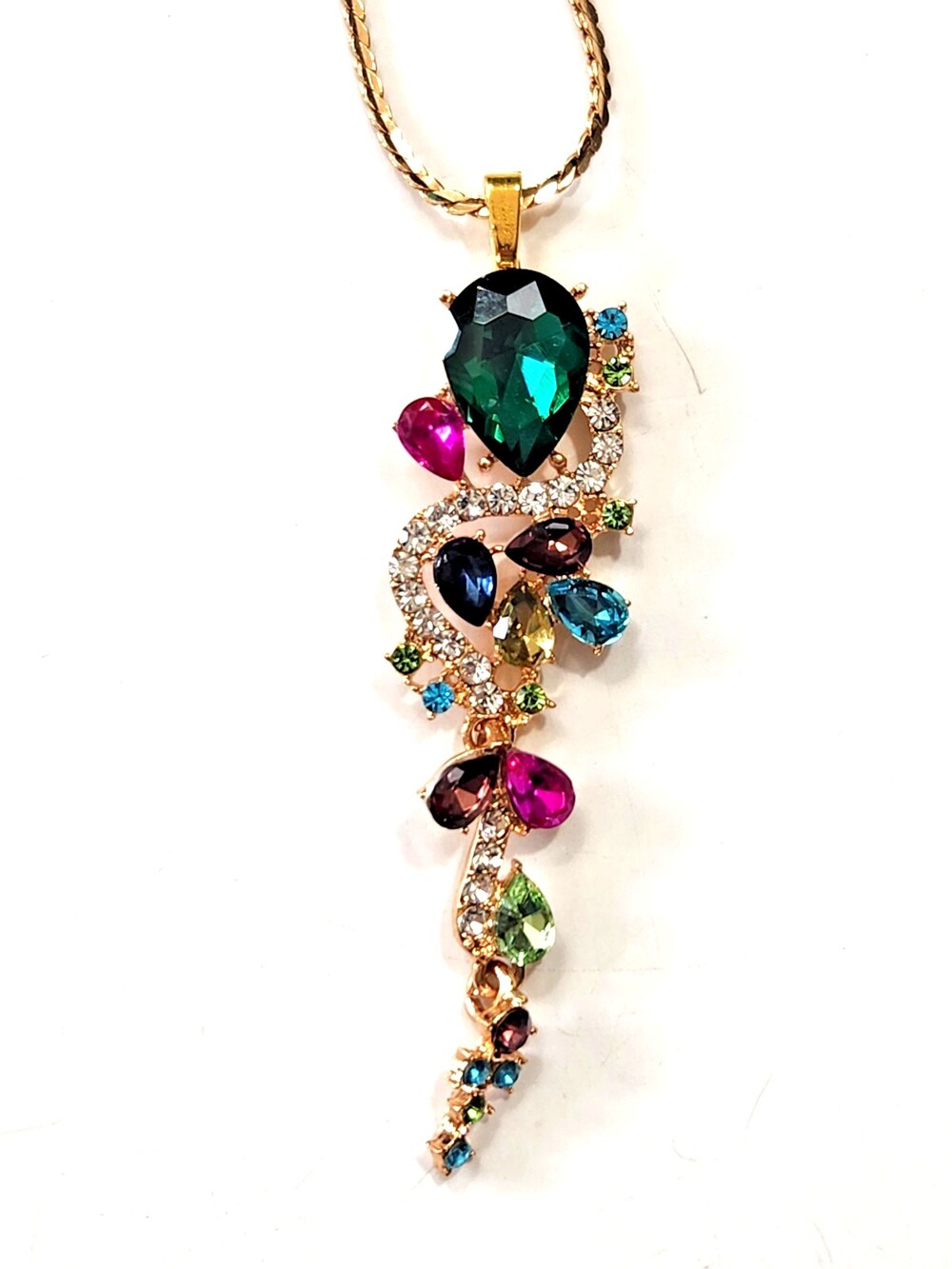 Cascading Bouquet Pendant Multi Color Crystals Goldtone Snake Chain Bling Formal
